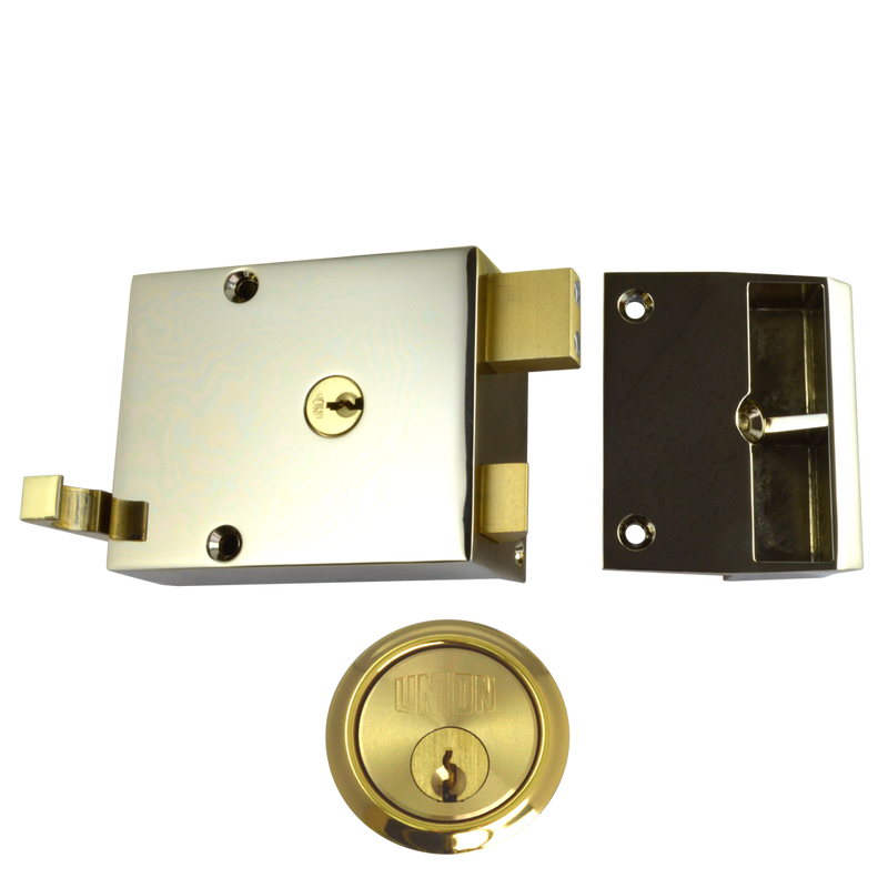 UNION 1332 Electro Brass Case and Polished Brass Rim Cylinder Drawback Rimlock