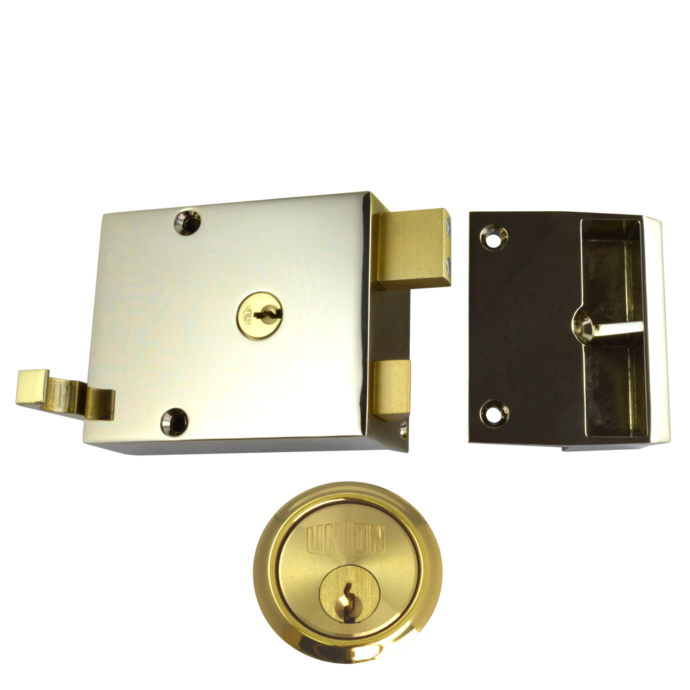 UNION 1332 Electro Brass Case and Polished Brass Rim Cylinder Drawback Rimlock