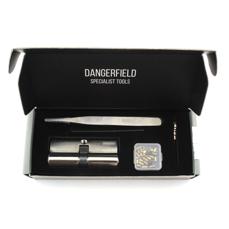 Dangerfield Aerospace Cutaway Practice Lock +Pins and Tweezers - Repinnable, Configurable Solid Metal Training Lock